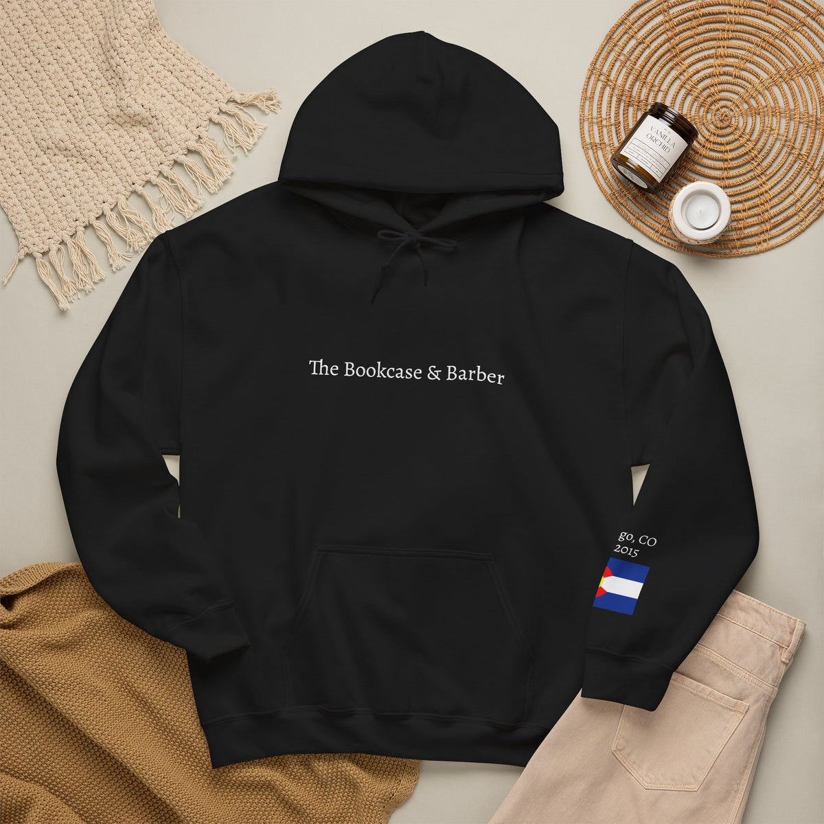 The Bookcase & Barber Hoodie – Colorado Flag Sleeve Beard Logo Hooded Sweatshirt