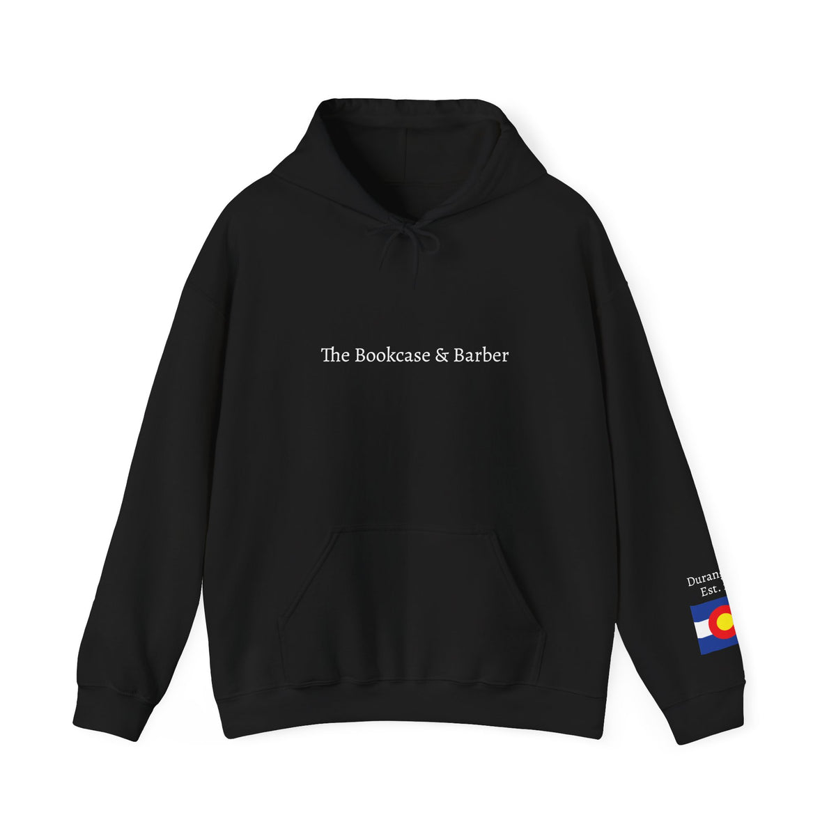 The Bookcase & Barber Hoodie – Colorado Flag Sleeve Beard Logo Hooded Sweatshirt